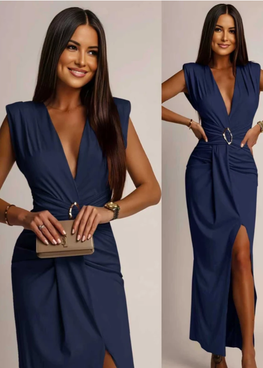 Robe Chic – Fendue, Col V, Détail Anneau  bleu marine