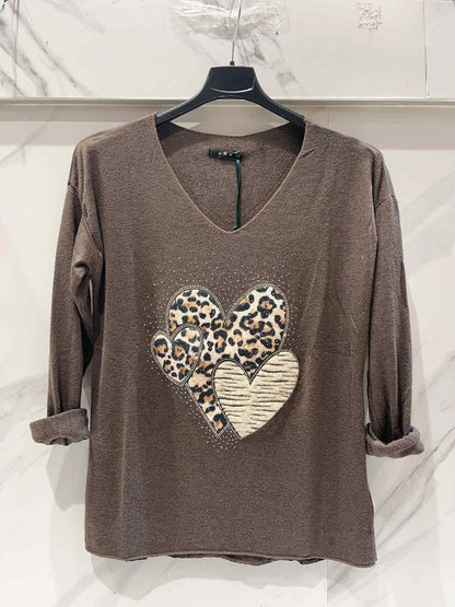 T-shirt manche longue coeur léopard