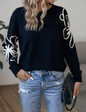 Pull Maille Doux Col Rond à Broderie Fleurs noir et blanc